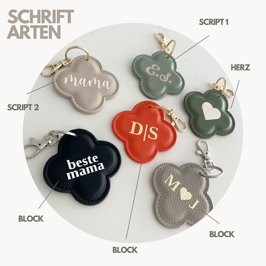 DELOA ® Personalisierter Kleeblatt Schlüsselanhänger aus Litchi Kunstleder mit Personalisierung