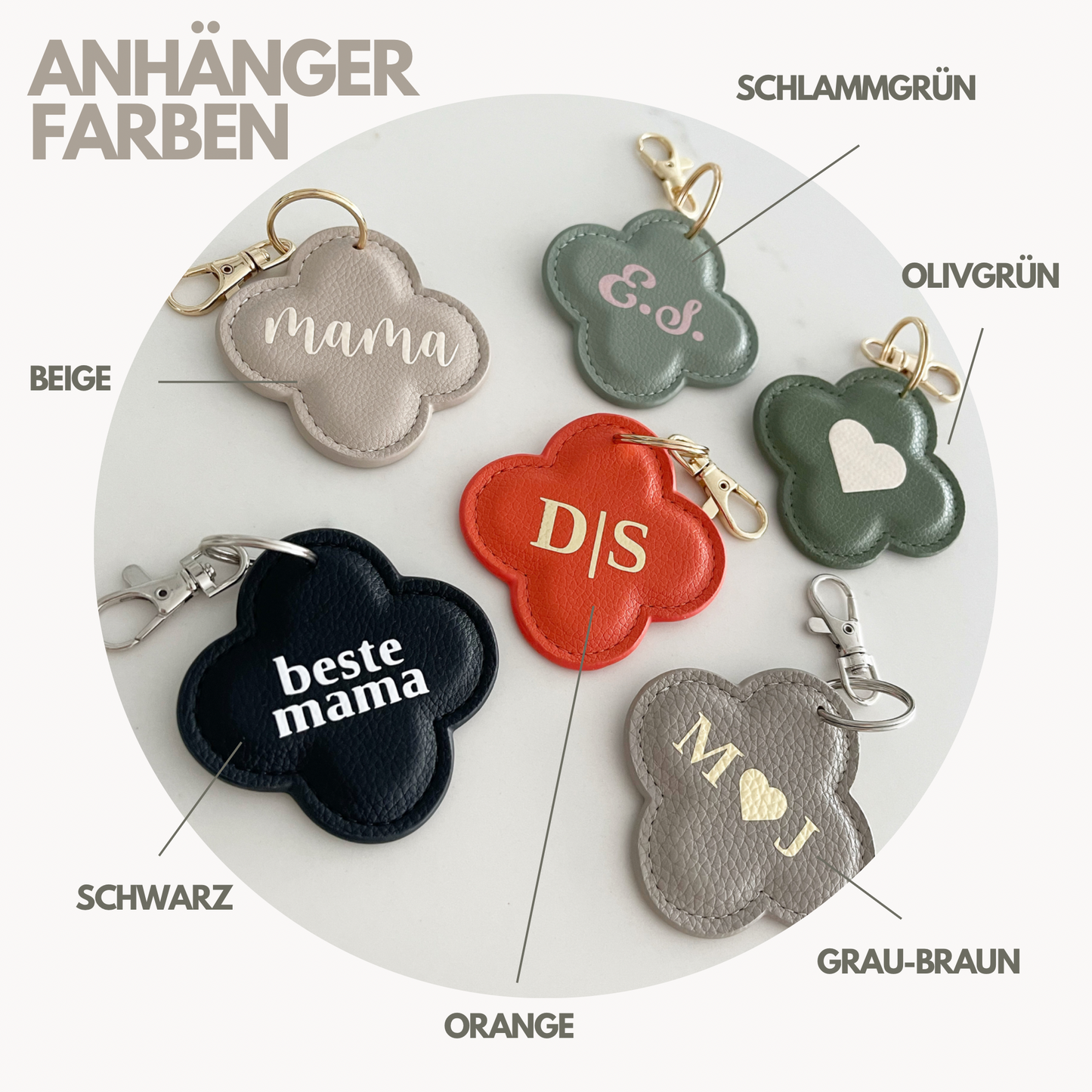 DELOA ® Personalisierter Kleeblatt Schlüsselanhänger aus Litchi Kunstleder mit Personalisierung