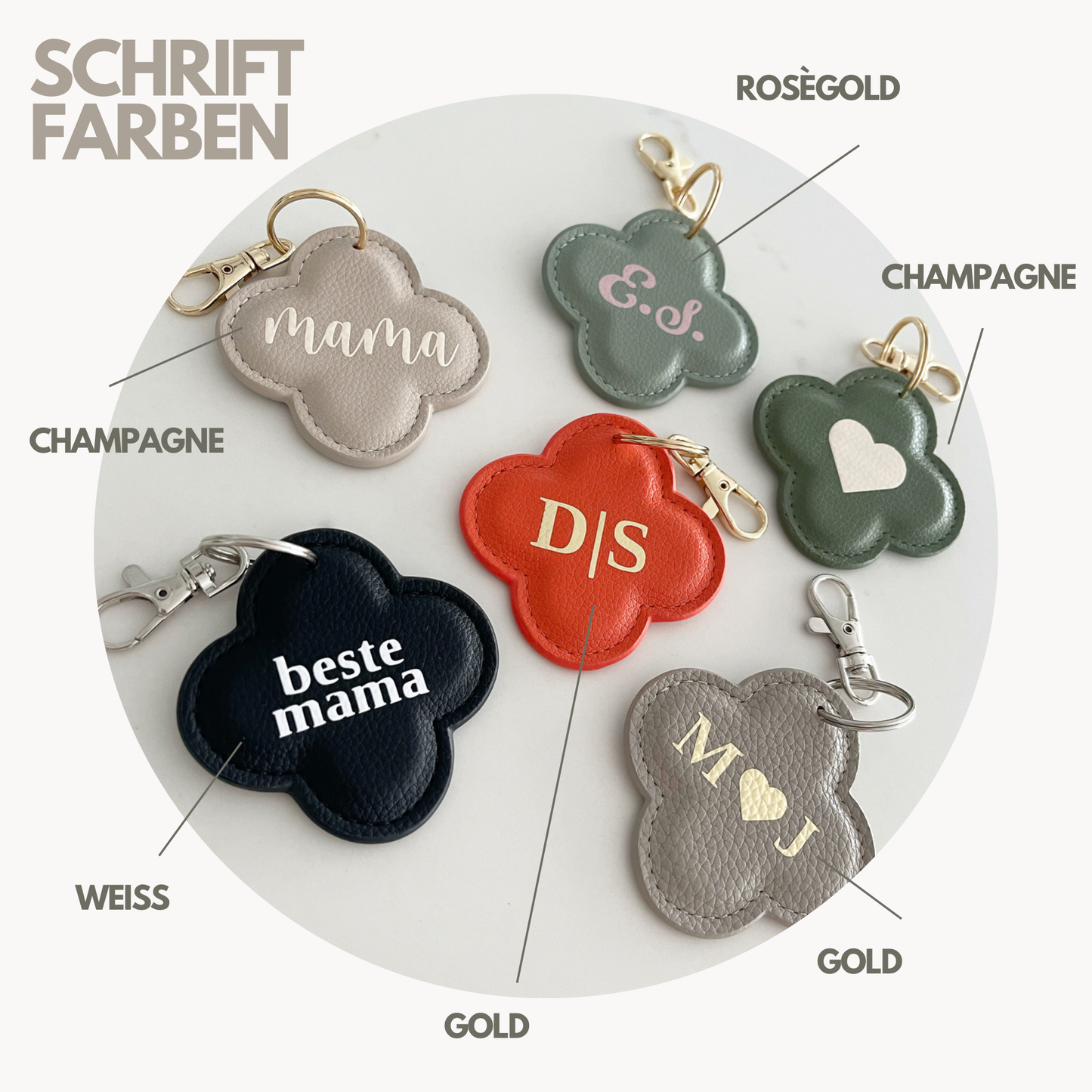 DELOA ® Personalisierter Kleeblatt Schlüsselanhänger aus Litchi Kunstleder mit Personalisierung